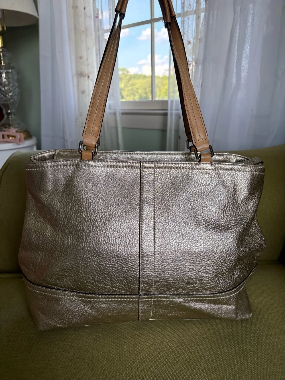 Coach Metallic Silver Leather Shoulder Tote with Tan Handles